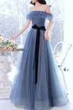 Promfast Grey Blue Tulle A line Off Shoulder Prom Dresses, Long Formal Dresses HZ0527