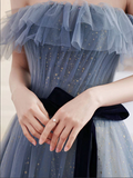 Promfast Grey Blue Tulle A line Off Shoulder Prom Dresses, Long Formal Dresses HZ0527