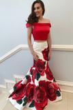 Promfast Mermaid Prom Dresses Off the shoulder Red Floral Two Pieces Prom Dress Evening Dress HZ0527