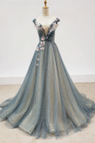 Promfast Chic A line Gray Blue V neck Long Beaded Prom Dress Tulle Floral Evening Party Dress HZ0527
