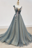 Promfast Chic A line Gray Blue V neck Long Beaded Prom Dress Tulle Floral Evening Party Dress HZ0527