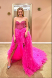 Promfast Strapless Hot Pink Tulle High Low Ball Gown Simple Prom Dress HZ0527