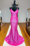Promfast Sparkle Hot Pink Sequin Mermaid Long Prom Formal Dress HZ0527