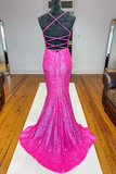 Promfast Sparkle Hot Pink Sequin Mermaid Long Prom Formal Dress HZ0527