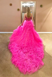 Promfast Strapless Hot Pink Tulle High Low Ball Gown Simple Prom Dress HZ0527