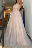 Promfast Cheap A line Spaghetti Straps V neck Prom Dress Long Applique Tulle Evening Dresses HZ0527