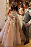 Promfast Chic V Neck Vintage Lace Applique Prom Dress Plus Size Champagne Prom Dress HZ0527