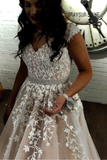 Promfast Chic V Neck Vintage Lace Applique Prom Dress Plus Size Champagne Prom Dress HZ0527