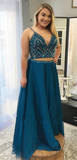 Promfast A line Spaghetti Strap Floor Length Satin Two Piece Prom Dresses HZ0527
