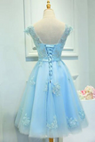 Promfast Light Blue Capped Sleeve Short Prom Dress, Mid Back Appliques Homecoming Dress HZ0527