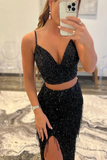 Promfast Two Piece Black Sequin Mermaid Tassle Long Prom Gown Evening Dress HZ0527