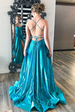 Promfast Halter Satin Slit Prom Dresses with Sequins Long Prom Gown Evening Dress HZ0527