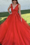 Promfast Chic A line Red V neck Beaded Prom Dress Tulle Applique Long Evening Formal Dress HZ0527