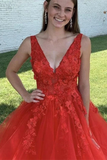 Promfast Chic A line Red V neck Beaded Prom Dress Tulle Applique Long Evening Formal Dress HZ0527