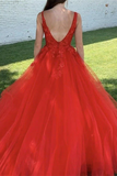 Promfast Chic A line Red V neck Beaded Prom Dress Tulle Applique Long Evening Formal Dress HZ0527
