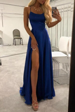 Promfast Simple Blue Spaghetti Straps Long Prom Dresses Evening Dress with Thigh Slit HZ0527