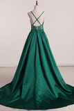 Promfast Beautiful A line Prom Dresses Long Spaghetti Straps Dark Green Prom Dress Evening Dresses HZ0527