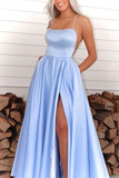 Promfast Cheap A line Simple Spaghetti Straps Long Prom Dress Satin Evening Split Dress HZ0527