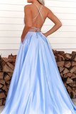 Promfast Cheap A line Simple Spaghetti Straps Long Prom Dress Satin Evening Split Dress HZ0527