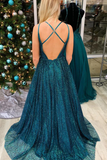Promfast Glitter A Line Teal Long Prom Dress with Spaghetti Straps HZ0527