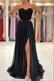 Promfast Black Chiffon Lace A line Sweetheart Prom Dresses, Long Formal Dress HZ0527