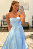 Promfast A line Strapless Sky Blue Floral Long Prom Dresses Formal Dresses HZ0527