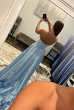 Promfast A line Strapless Sky Blue Floral Long Prom Dresses Formal Dresses HZ0527