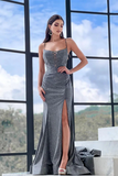 Promfast Sheath Column Sparkly Spaghetti Straps Silver Grey Prom Dress Evening Dress With Split HZ0527