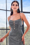 Promfast Sheath Column Sparkly Spaghetti Straps Silver Grey Prom Dress Evening Dress With Split HZ0527