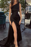 Promfast Cheap A line Black One Shoulder Long Prom Dress Evening Dress With Split HZ0527