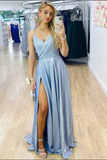 Promfast Sparkly Light Blue A line V neck Prom Dresses With Side Slit, Evening Gown HZ0527