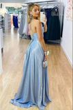 Promfast Sparkly Light Blue A line V neck Prom Dresses With Side Slit, Evening Gown HZ0527