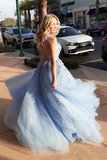 Promfast Sky Blue A Line Elegant Backless Floral Lace Long Prom Dress HZ0527