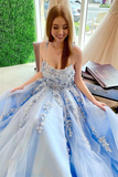 Promfast Sky Blue A Line Elegant Backless Floral Lace Long Prom Dress HZ0527