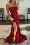 Promfast Burgundy Strapless Mermaid Sequined Long Prom Dress with Slit, Formal Evening Gown HZ0527