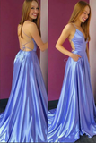 Promfast Simple Satin Lilac A Line V neck Spaghetti Straps Prom Dress with Pockets HZ0527