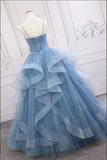 Promfast Shiny Blue Tulle A line Spaghetti Straps Long Prom Dresses, Evening Gown HZ0527