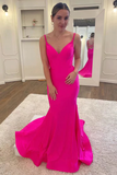 Promfast Hot Pink Satin V Neck Backless Mermaid Prom Dress,Formal Evening Gown HZ0527