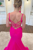 Promfast Hot Pink Satin V Neck Backless Mermaid Prom Dress,Formal Evening Gown HZ0527