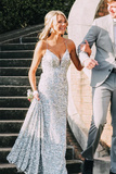 Promfast Silver Sequin Spaghetti Straps Mermaid Long Prom Dresses, Backless Evening Gown HZ0527
