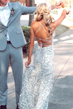 Promfast Silver Sequin Spaghetti Straps Mermaid Long Prom Dresses, Backless Evening Gown HZ0527