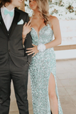 Promfast Silver Sequin Spaghetti Straps Mermaid Long Prom Dresses, Backless Evening Gown HZ0527