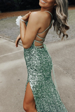 Promfast Silver Sequin Spaghetti Straps Mermaid Long Prom Dresses, Backless Evening Gown HZ0527