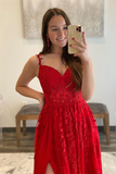Promfast A Line V Neck Red Lace Long Prom Dresses, Red Lace Long Formal Graduation Dresses HZ0527