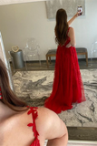 Promfast A Line V Neck Red Lace Long Prom Dresses, Red Lace Long Formal Graduation Dresses HZ0527