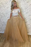 Promfast Two Piece Lace Tulle Prom Dresses With Beaded, Off the Shoulder Evening Gown HZ0527