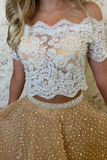 Promfast Two Piece Lace Tulle Prom Dresses With Beaded, Off the Shoulder Evening Gown HZ0527