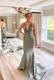 Promfast Gray Green Satin Mermaid Bridesmaid Dresses With Sweep Train HZ0527