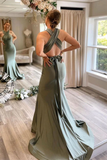 Promfast Gray Green Satin Mermaid Bridesmaid Dresses With Sweep Train HZ0527
