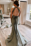 Promfast Gray Green Satin Mermaid Bridesmaid Dresses With Sweep Train HZ0527